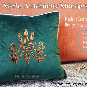 May include: A green velvet cushion with a white trim features a gold embroidered monogram of the letters "MA" in a decorative script. The cushion is displayed on a peach-coloured surface with the text "Marie-Antoinette Monogram" and "Machine Embroidery Design * in 4 sizes" above it. The text "4x4", "5x5", "6x6", and "8x8" is displayed in a circle below the text. The text "Digital Download" is displayed below the monogram on the cushion. The text "DST, EXP, HUS, JEF, PES, VP3, XXX" is displayed at the bottom of the image.