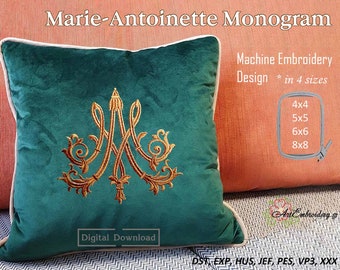 Marie Antoinette Monogram – Machine Embroidery Design of MA Initials in 4 sizes for hoop 4x4", 5x5", 6x6", 8x8"