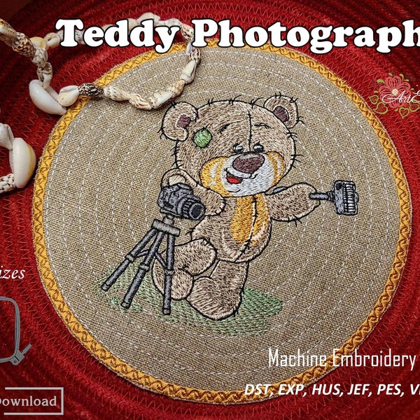 Teddy Photographer - Machine Embroidery Design of a series Patched "Old Toy" Bear Animal in 2 sizes for hoop 4x4" and 5x5"