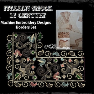 May include: Machine embroidery designs for borders, inspired by 16th century Italian smock. The design features a corner motif with intricate swirls, leaves, and flowers in shades of gold, green, blue, and pink.