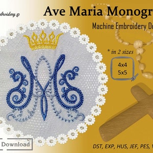 Ave Maria Monogram – Machine Embroidery Religious Design in two sizes for hoop 4x4" and 5x5"