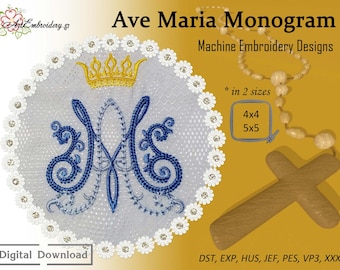 Ave Maria Monogram – AM, MA - Machine Embroidery Religious Design in two sizes for hoop 4x4&quot; and 5x5&quot;