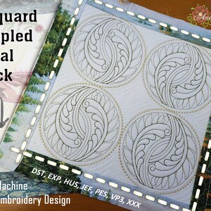 May include: A white fabric square with four embroidered floral designs in a circular pattern. The fabric is stitched around the edges with a dashed line. The text "Jacquard Stippled Floral Block" is in the upper left corner. The text "8x8 9x9" is in a small square in the lower left corner. The text "DST, EXP, HUS, JEF, PES, VP3, XXX" is in the lower right corner. The text "Machine Embroidery Design" is in the lower left corner.