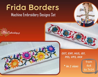Frida Borders - Diseños florales para bordado a máquina estilo mexicano, 2 tamaños para bastidor desde 4x4 pulgadas en adelante (descarga digital)
