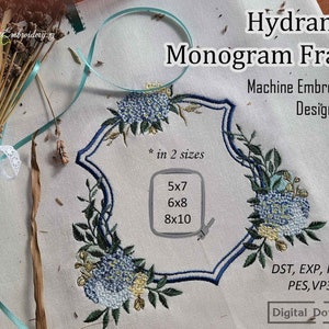 Hydrangea Monogram Frame - Machine Embroidery Garden Flower Two Designs in 2 sizes for hoop 5x7&quot;, 6x8&quot; and 8x10&quot;