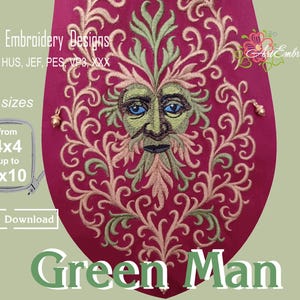 Green Man Embroidery Design: Folkart Face, Scrolls (4x4 to 6x10 Hoops) (Digital Download
