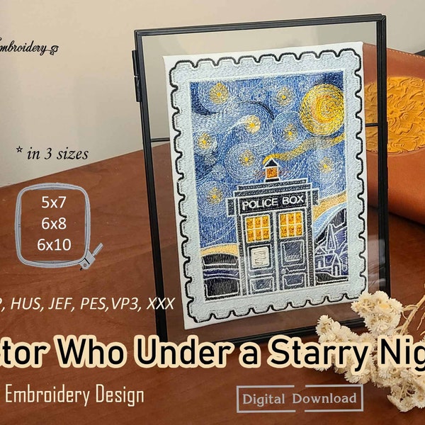 Doctor Who Under a Starry Night – Machine Embroidery Design in 3 sizes for hoop 5x7", 6x8", 6x10"