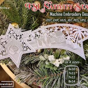 Puede incluir: Un diseño de bordado a máquina blanco de una Estrella de la Natividad, con el texto "FSL Nativity Star Machine Embroidery Design". El diseño incluye una estrella y una forma de cola de cometa con una escena detallada. Disponible en 4 tamaños: 15.2x25.4cm, 17.8x27.9cm, 17.8x30.5cm y 20.3x35.6cm.