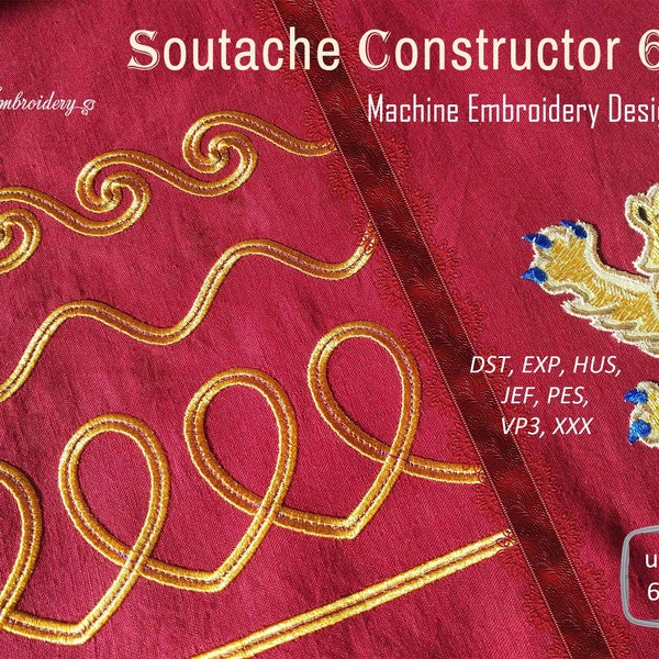 Soutache Konstruktor 6mm - Maschinenstickmotive Set beinhaltet einzelne Motive für Stickrahmen 10x10", 15x7" und Endlosränder für Stickrahmen 15x10"