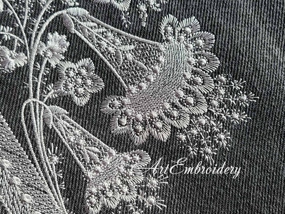 Close up of stunning detailed embroidered floral pattern from computerized embroidery