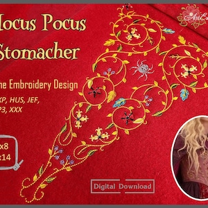 May include: A digital embroidery design for a stomacher featuring a floral pattern with a spider in the center. The design is available in multiple formats, including DST, EXP, HUS, JEF, PES, VP3, and XXX. The design is available in two sizes: 6x8 inches and 9x14 inches.