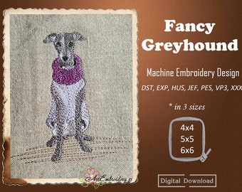 Fancy Greyhound - Machine Embroidery Dog Design in 3 sizes for hoop 4x4", 5x5", 6x6".