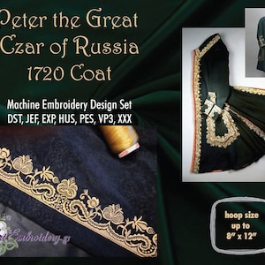 May include: Machine embroidery design set for a 1720 coat, featuring a gold and black design. The set includes DST, JEF, EXP, HUS, PES, VP3, and XXX file formats. The hoop size is up to 8 inches by 12 inches.