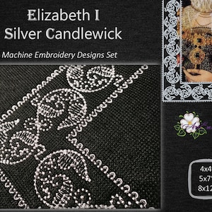 May include: A set of machine embroidery designs featuring a silver candlewick pattern. The designs are available in three sizes: 4x4 inches, 5x7 inches, and 8x12 inches.
