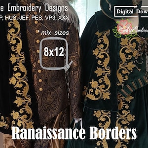 May include: Renaissance-style embroidery designs for machine embroidery. The designs feature intricate gold floral patterns on a dark green and black velvet fabric. The image includes the text "8x12" and "Renaissance Borders".