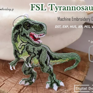 Puede incluir: Diseño de bordado a máquina Tyrannosaurus Rex verde en tres tamaños: 4x4, 5x5 y 6x6 pulgadas. El diseño está disponible en los formatos DST, EXP, HUS, JEF, PES, VP3 y XXX. Descarga digital.