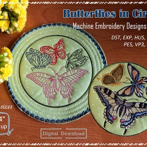 Butterflies in Circle – Machine Embroidery Set of Designs and ITH coasters in different techniques in 2 sizes for hoop sizes, 4x4&#39;&#39; and up
