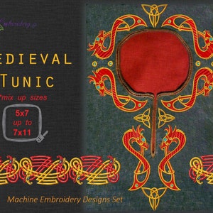 May include: Machine embroidery design set for a medieval tunic. The design features a red and gold Celtic knot pattern with dragons. The design is available in sizes 5x7 to 7x11 inches.