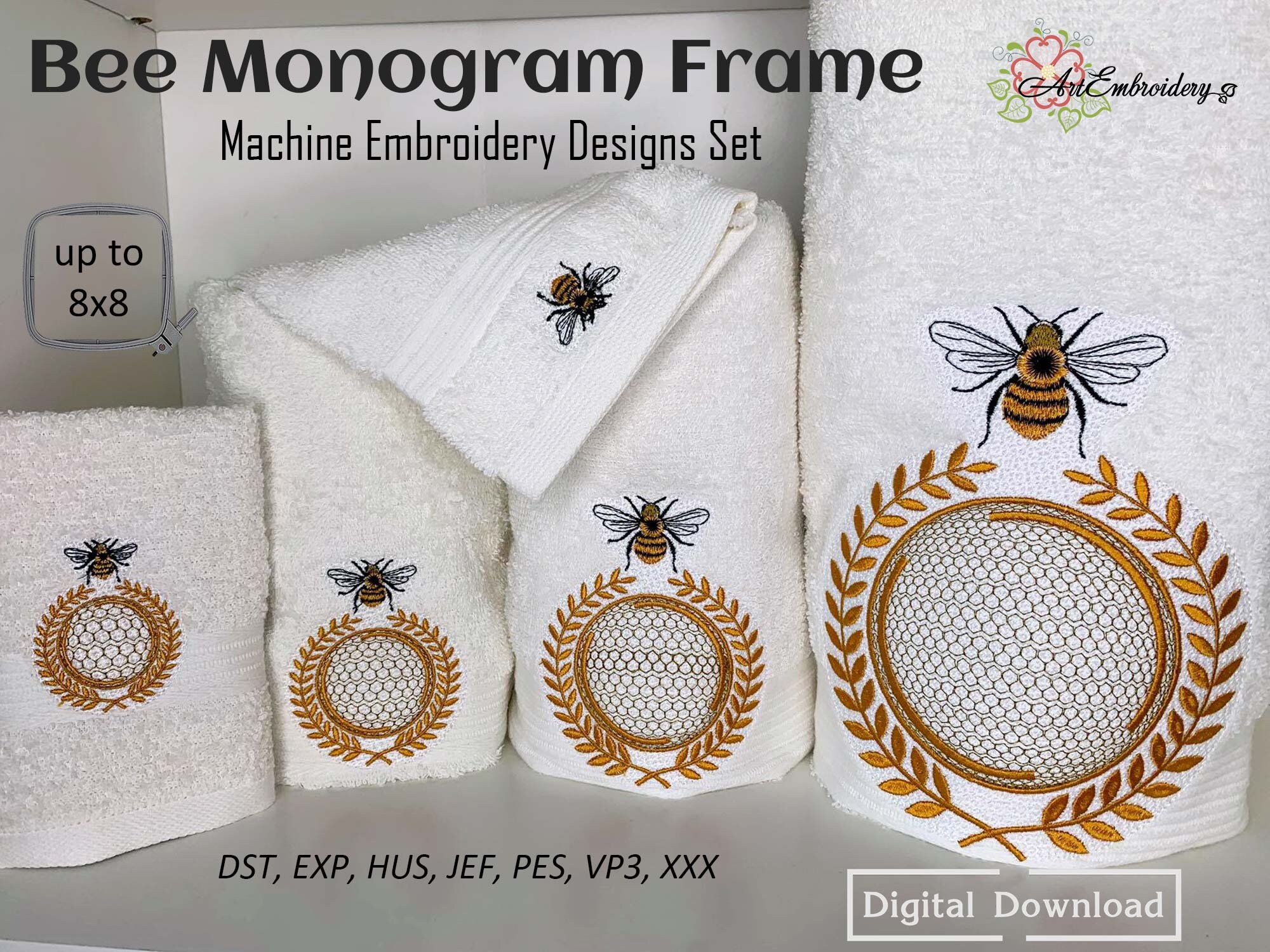 Kartoon専用 Bee Monogram Frame: Machine Embroidery Design (hoop Sizes