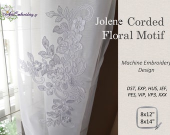 Jolene Corded Floral Motif -Machine Embroidery Tulle Design in 2 sizes for hoop 8x12" and 8x14"