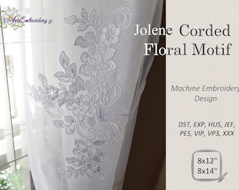 Jolene Corded Floral Motif -Machine Embroidery Tulle Design in 2 sizes for hoop 8x12" and 8x14"