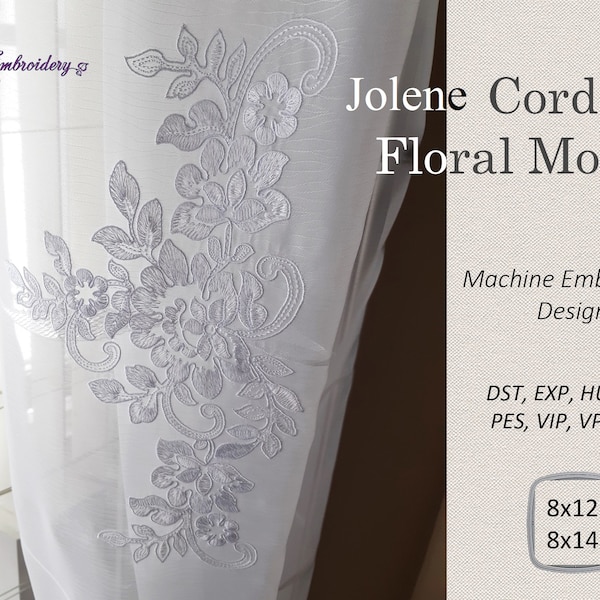 Jolene Corded Floral Motif -Machine Broderie Tulle Design en 2 tailles pour cerceau 8x12 » et 8x14 »