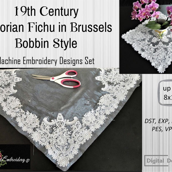 19th Century Victorian Fichu and Doily in Brussels bobbin style – Machine embroidery floral designs  for hoop up to 8x12"