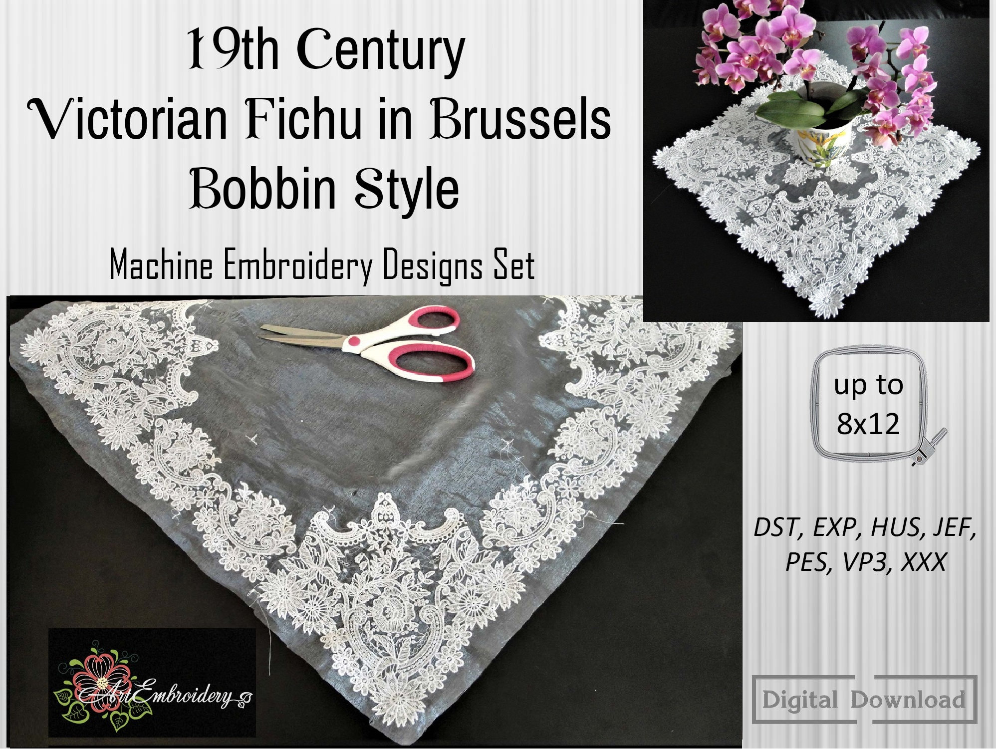 19th Century Victorian Fichu and Doily in Brussels bobbin style – Machine embroidery floral designs  for hoop up to 8x12"