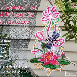 FSL Waterlilies and Dragonfly Suncatcher or Tree Ornament – Machine Embroidery ITH Project in 3 sizes for hoop 5x7&quot;, 6x8&quot; and 6x10&quot;.