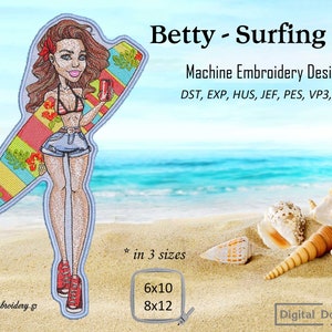 Wzór haftu maszynowego „Surfing Girl”: naszywka Betty (6x10&quot; i 8x12&quot;)