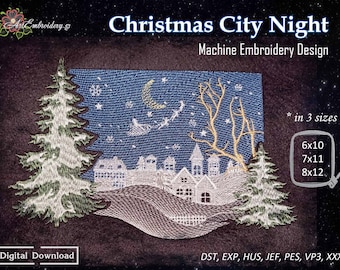 May include: Machine embroidery design of a snowy Christmas city night scene with a crescent moon, stars, and a tree. The design is available in three sizes: 6x10 inches, 7x11 inches, and 8x12 inches.