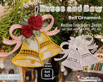 FSL Roses and Bow Bell  – Machine Embroidery ITH Lace Ornament Project in 3 colors version, 2 sizes for hoop 4x4&quot; and 5x5&quot;.