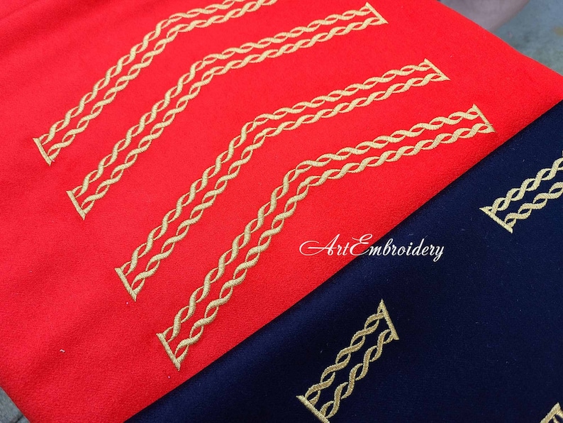 May include: Two pieces of fabric, one red and one navy blue, with gold embroidery of a braided rope design. The text "Art Embroidery" is visible in the center of the image.