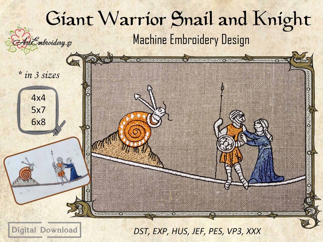 Giant Warrior Snail & Knight Machine Embroidery Beast Design in 3 Sizes