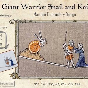 Giant Warrior Snail & Knight – Machine Embroidery Beast Design in 3 sizes for hoop up to 6x8&quot; from Medieval illuminated manuscript bestiary
