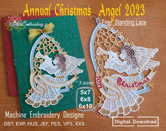 FSL クリスマスエンジェル機械刺繍デザイン：ITH レースプロジェクト（5x7、6x8、6x10 フープ）