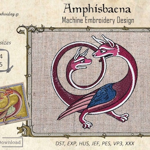 Amphisbaena Embroidery Design: Medieval Bestiary Animal (4x4&quot;, 5x5&quot;)