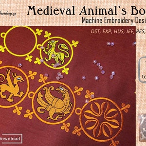 Medieval Animals Border - Machine Embroidery Creatures in Scroll Frame Designs Set for hoop from 4x4" to 8x12".