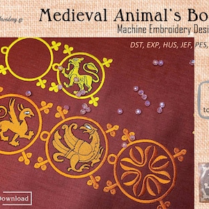 Bordure d'animaux médiévaux - créatures de broderie Machine dans des dessins de cadre de défilement pour cerceau de 4 x 4" à 8 x 12".