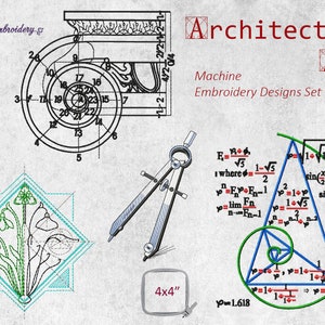 May include: A set of machine embroidery designs featuring architectural elements, including a spiral, a compass, and a geometric pattern. The designs are labeled "Architecture Art" and "Machine Embroidery Designs Set".