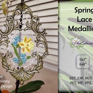 Medallón de encaje de primavera: Diseño floral para bordado a máquina (bastidor de 5x7 y 6x8)