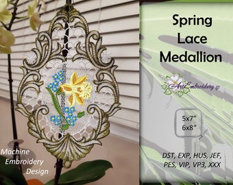 Spring Lace Medallion - Machine Embroidery Freestanding Lace Design in three sizes for hoop 5x7&quot; and 6x8&quot;.