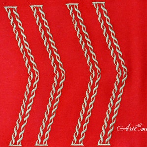 May include: Three vertical lines of silver embroidery on a red background. The lines are made up of a series of interlocked loops.