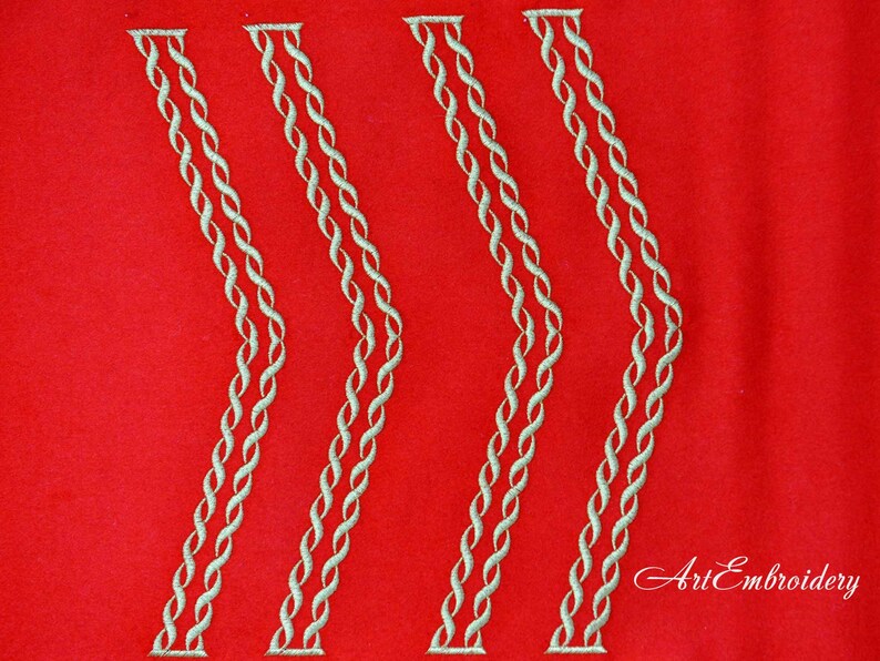 May include: Three vertical lines of silver embroidery on a red background. The lines are made up of a series of interlocked loops.