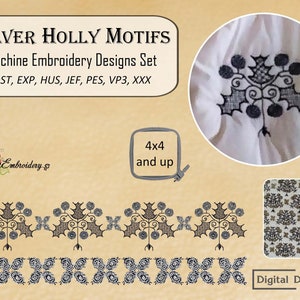 Silver Holly Blackwork Motifs - Machine Embroidery Historical 16th Century Designs Set for hoop from 4x4" and up.