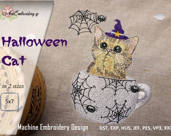 Halloween Katze vor der Spinne Stickdatei für Stickrahmen 13x18cm