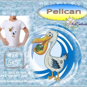 May include: Machine embroidery design of a pelican with a green frog in its beak. The design is available in 4x4 and 5x5 inch sizes. The design is available in DST, JEF, EXP, HUS, PES, VIP, VP3, and XXX formats.