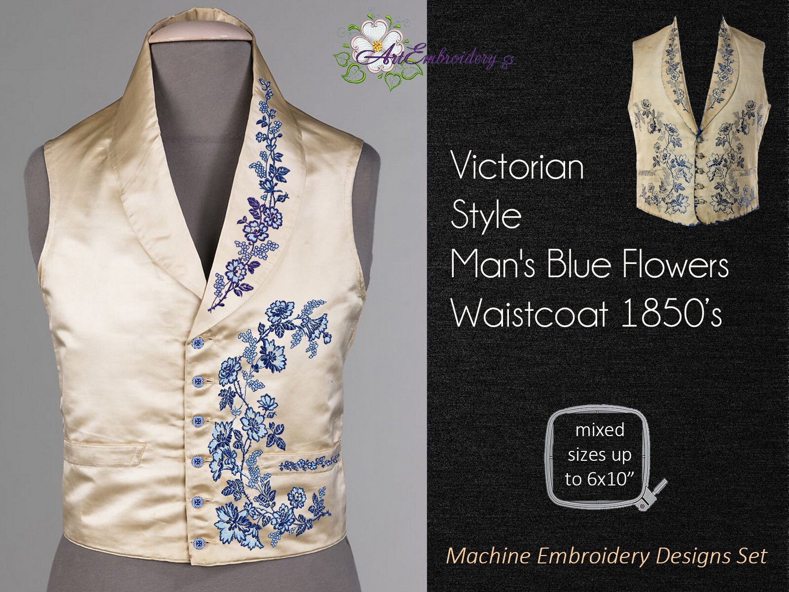Victorian Style Man's Blue Flowers Waistcoat  Machine Embroidery Historical Fashion  Designs Set mixed sizes for hoop up to 6x10"