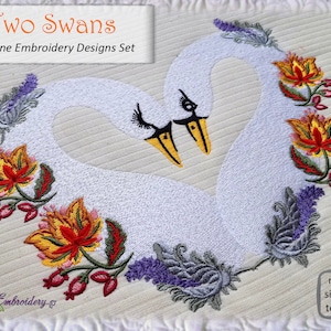Diseño de bordado a máquina &quot;Dos cisnes&quot;: Pájaros del amor florales (Arcos de 13 x 18 cm, 15 x 20 cm y 20 x 20 cm)