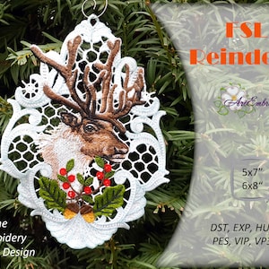 May include: White lace embroidery design featuring a reindeer head with antlers, holly, and berries. The design is available in 5x7 and 6x8 inch sizes. Machine embroidery design formats include DST, EXP, HUS, JEF, PES, VIP, VP3, and XXX.